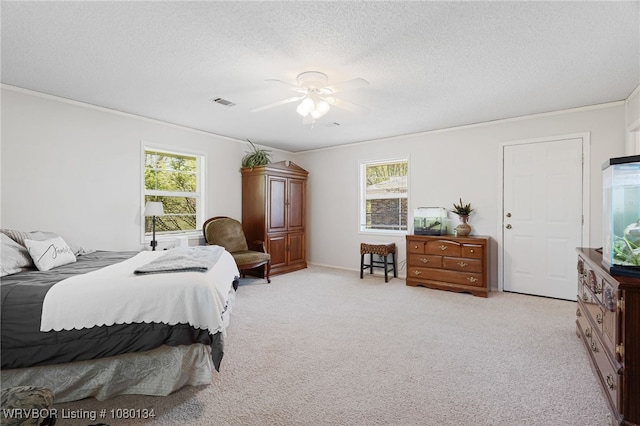 3032 King Dr, Mulberry, AR 72947 - bedroom with light carpet, visible vents, multiple windows, and a textured ceiling