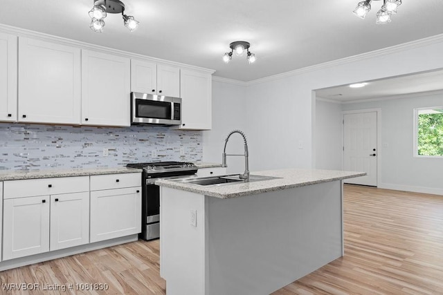 2420 Independence St, Fort Smith, AR 72901 - kitchen featuring stainless steel appliances, light wood-style floors, white cabinetry, backsplash, and crown molding