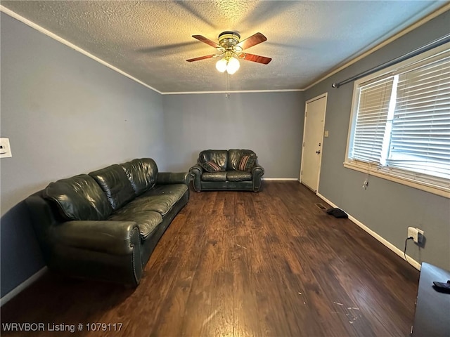 living area featuring ornamental molding, dark wood finished floors, a textured ceiling, and baseboards