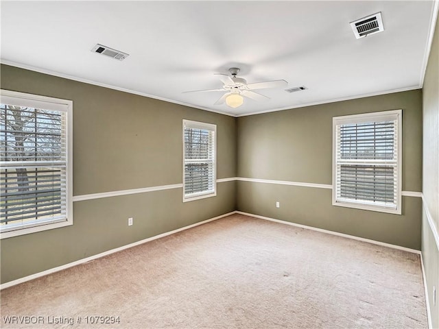 carpeted spare room with visible vents, a ceiling fan, and ornamental molding