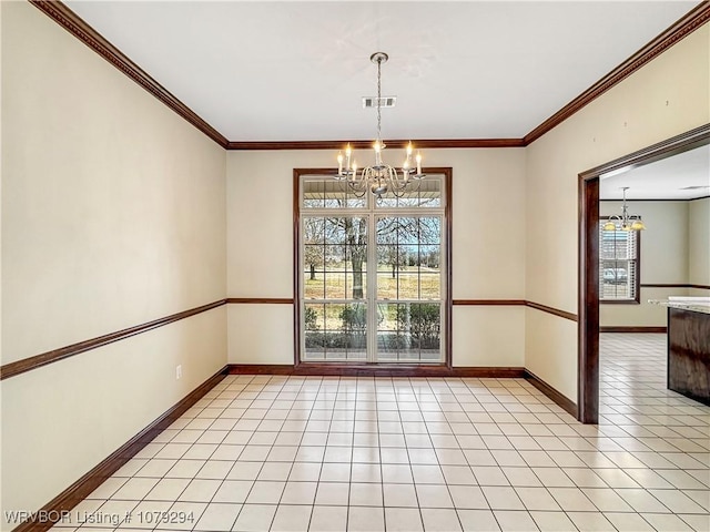 unfurnished dining area with crown molding, a notable chandelier, light tile patterned floors, visible vents, and baseboards