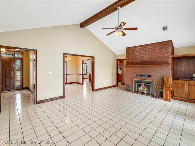 unfurnished living room featuring light tile patterned floors, visible vents, a brick fireplace, high vaulted ceiling, and beamed ceiling