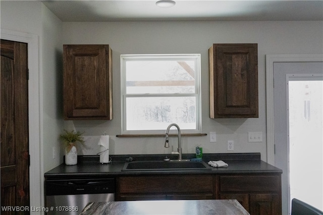 kitchen with sink, dark brown cabinets, and stainless steel dishwasher