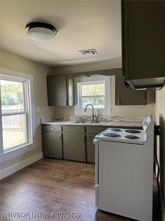 kitchen featuring gray cabinets, white electric range, sink, and dark wood-type flooring