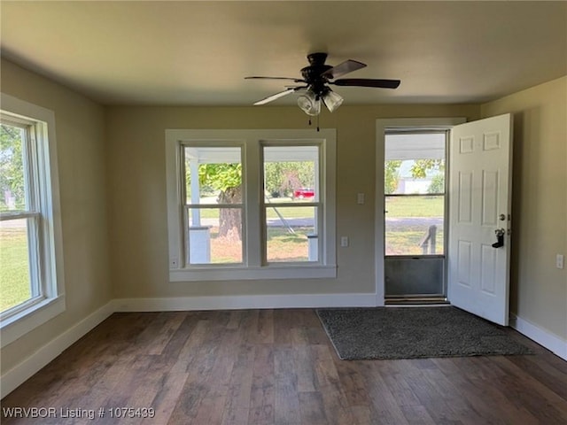 entryway featuring ceiling fan and dark hardwood / wood-style flooring