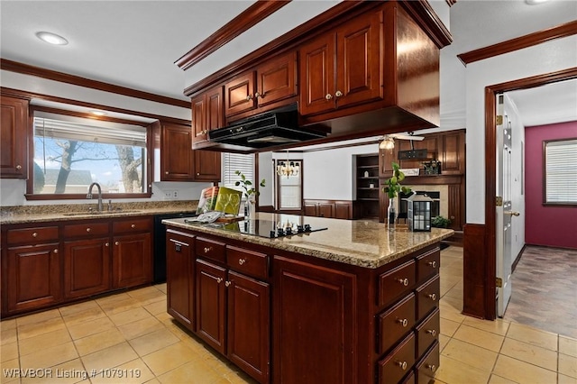 10408 Tweed Ln, Fort Smith, AR 72908 - kitchen featuring a kitchen island, ornamental molding, black electric cooktop, under cabinet range hood, and a sink
