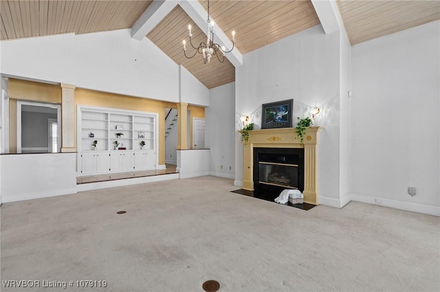 10408 Tweed Ln, Fort Smith, AR 72908 - unfurnished living room with a fireplace with flush hearth, wooden ceiling, light carpet, and stairs