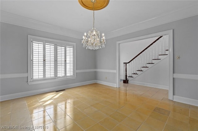 10408 Tweed Ln, Fort Smith, AR 72908 - spare room with crown molding, visible vents, stairway, an inviting chandelier, and baseboards