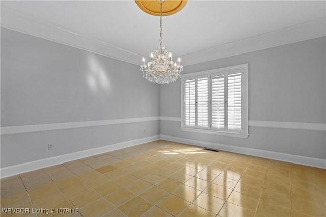 10408 Tweed Ln, Fort Smith, AR 72908 - empty room with light tile patterned floors, a chandelier, visible vents, baseboards, and crown molding