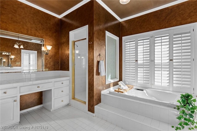 10408 Tweed Ln, Fort Smith, AR 72908 - full bathroom with ornamental molding, a stall shower, vanity, tile patterned flooring, and a bath