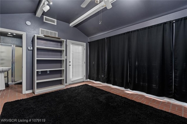 10408 Tweed Ln, Fort Smith, AR 72908 - spare room with lofted ceiling with beams, brick floor, visible vents, and a ceiling fan