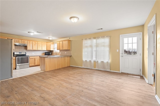 kitchen featuring appliances with stainless steel finishes, light brown cabinetry, kitchen peninsula, and backsplash