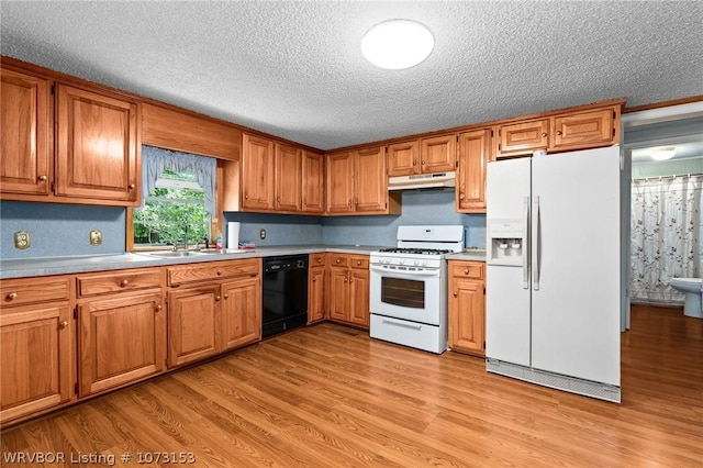 kitchen with a textured ceiling, sink, light hardwood / wood-style floors, and white appliances