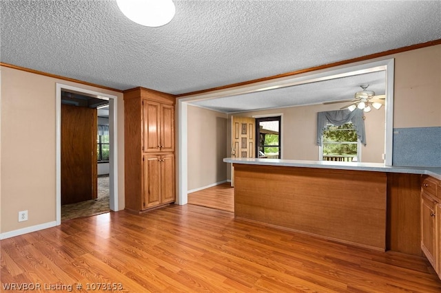 kitchen with kitchen peninsula, ceiling fan, light hardwood / wood-style floors, and a textured ceiling