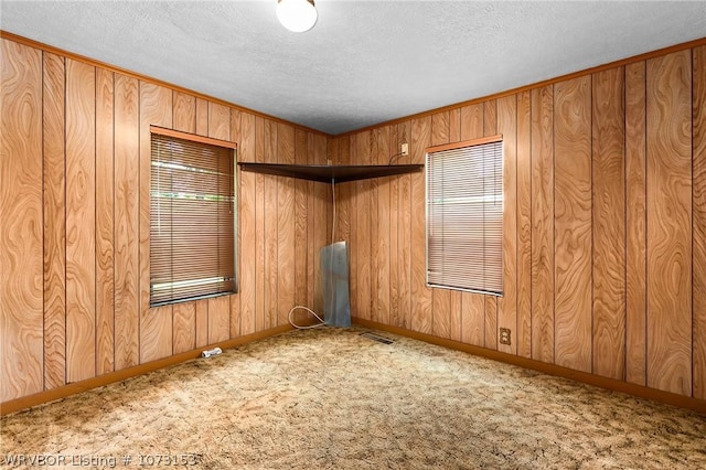 empty room with a textured ceiling, ornamental molding, and light carpet