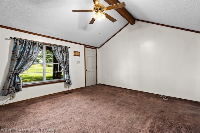 carpeted spare room with vaulted ceiling with beams, a textured ceiling, and ceiling fan