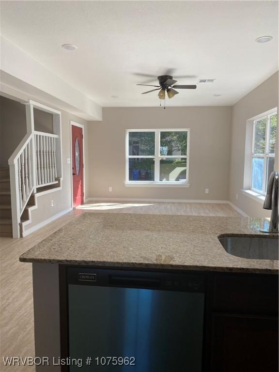 kitchen with ceiling fan, dishwasher, and sink