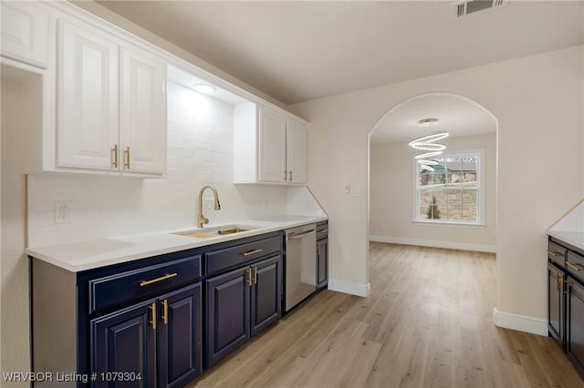 kitchen featuring tasteful backsplash, visible vents, stainless steel dishwasher, white cabinetry, and a sink