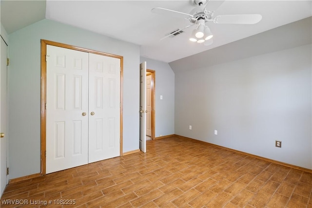 3017 Canongate Way, Fort Smith, AR 72908 - unfurnished bedroom featuring lofted ceiling, a closet, light wood-type flooring, and a ceiling fan