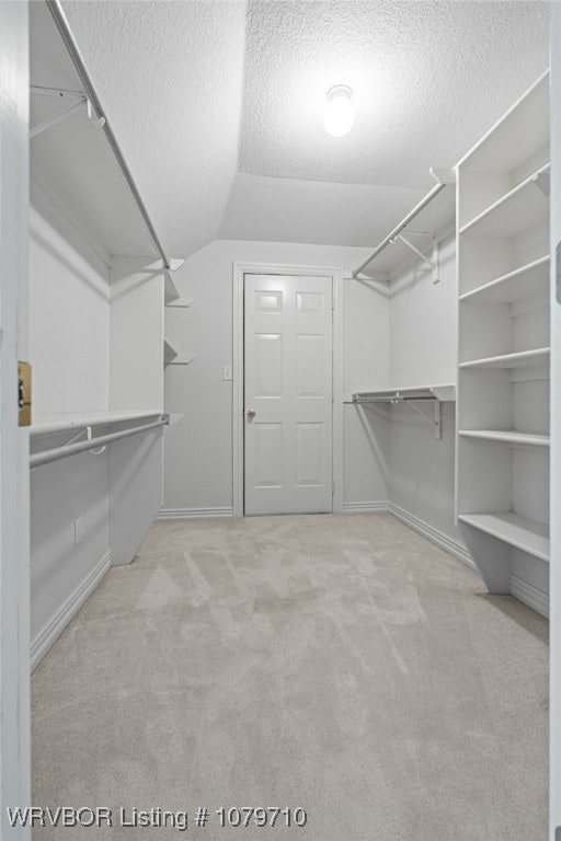 spacious closet featuring lofted ceiling and carpet