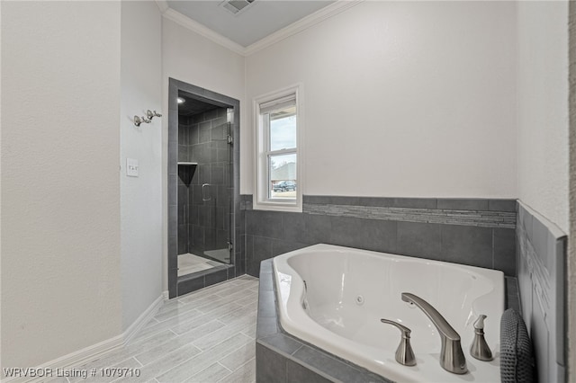 bathroom with visible vents, a stall shower, a whirlpool tub, and crown molding