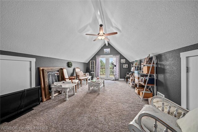 8807 Cain Rd, Alma, AR 72921 - interior space featuring a textured ceiling, a textured wall, carpet flooring, ceiling fan, and vaulted ceiling