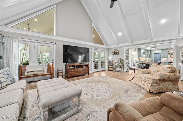 8807 Cain Rd, Alma, AR 72921 - living area with a ceiling fan, high vaulted ceiling, wood finished floors, beam ceiling, and french doors