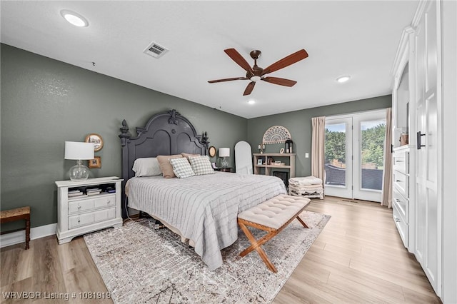 8807 Cain Rd, Alma, AR 72921 - bedroom with access to exterior, light wood finished floors, recessed lighting, and a ceiling fan