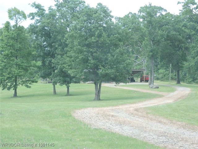 19108 Canova Trl, Mountainburg, AR 72946 - surrounding community with dirt driveway, a lawn, and a carport