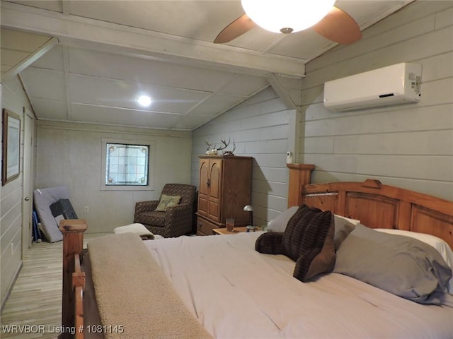 19108 Canova Trl, Mountainburg, AR 72946 - bedroom featuring a wall mounted air conditioner, wood finished floors, vaulted ceiling, wooden walls, and a ceiling fan