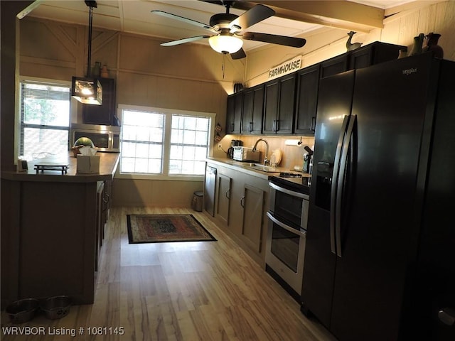 19108 Canova Trl, Mountainburg, AR 72946 - kitchen featuring appliances with stainless steel finishes, wood finished floors, ceiling fan, dark cabinets, and a sink