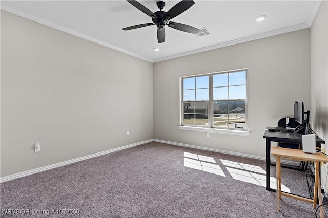 office area featuring visible vents, baseboards, carpet flooring, and crown molding