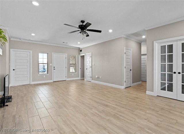 unfurnished living room featuring light wood-type flooring, french doors, baseboards, and recessed lighting