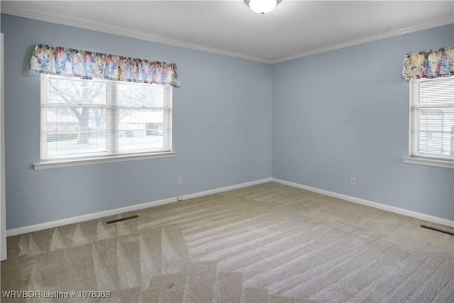 unfurnished room with carpet floors and ornamental molding