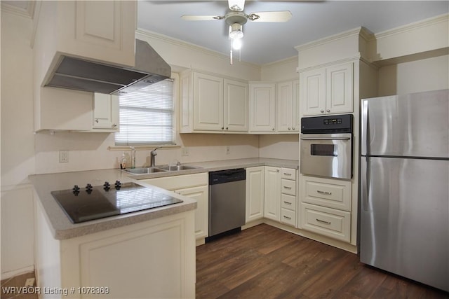 kitchen featuring extractor fan, dark hardwood / wood-style floors, stainless steel appliances, white cabinets, and sink