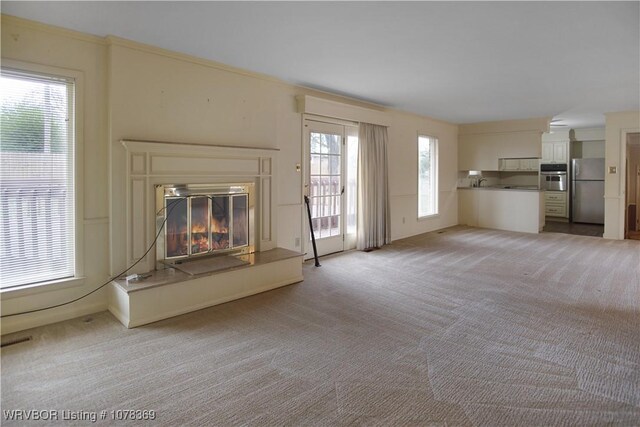 unfurnished living room with sink and light carpet