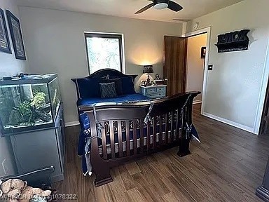 bedroom featuring ceiling fan and dark wood-type flooring