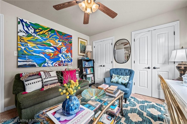 9019 Gracie Ln, Fort Smith, AR 72916 - carpeted living area featuring a ceiling fan