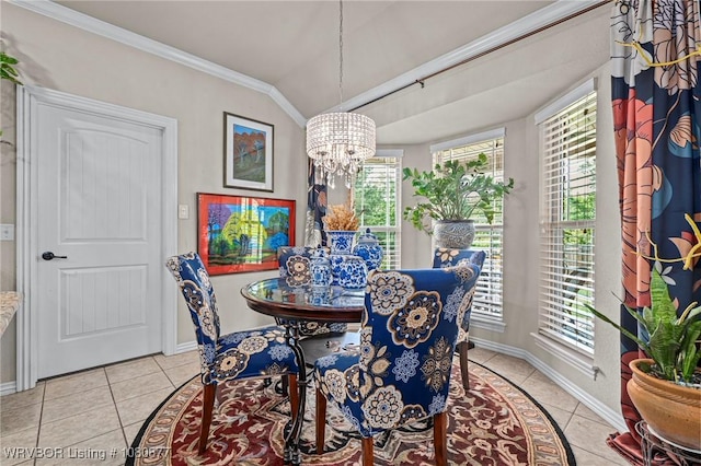 9019 Gracie Ln, Fort Smith, AR 72916 - dining space featuring a chandelier, light tile patterned floors, crown molding, baseboards, and lofted ceiling