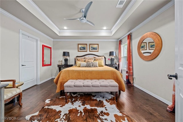 9019 Gracie Ln, Fort Smith, AR 72916 - bedroom with a tray ceiling, hardwood / wood-style floors, crown molding, and baseboards