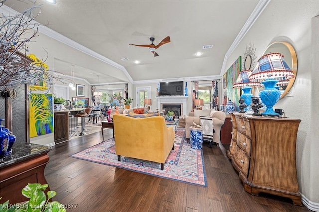 9019 Gracie Ln, Fort Smith, AR 72916 - living room featuring ceiling fan, dark wood-style floors, a fireplace, crown molding, and recessed lighting