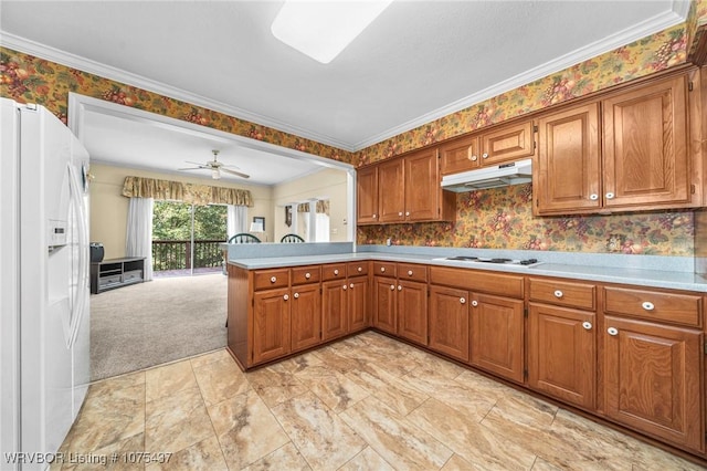 kitchen with light carpet, kitchen peninsula, white appliances, ceiling fan, and crown molding