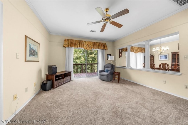 sitting room featuring carpet, ceiling fan with notable chandelier, and ornamental molding