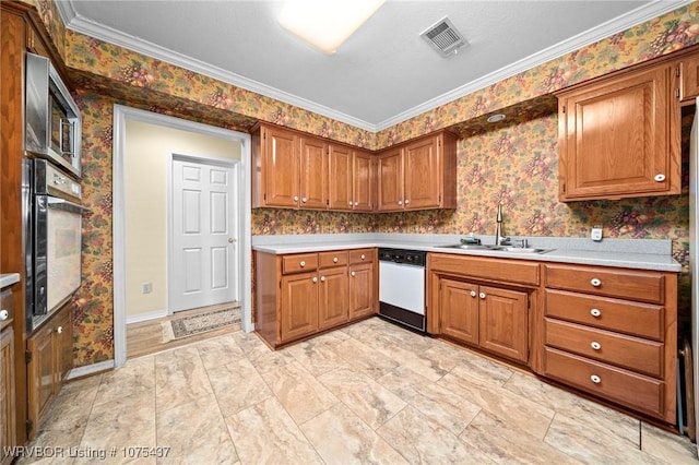 kitchen with dishwasher, black oven, ornamental molding, and sink