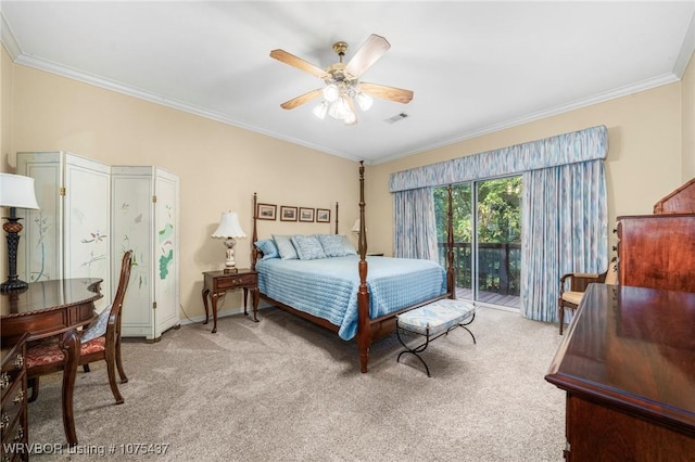 bedroom featuring access to exterior, ceiling fan, light colored carpet, and ornamental molding