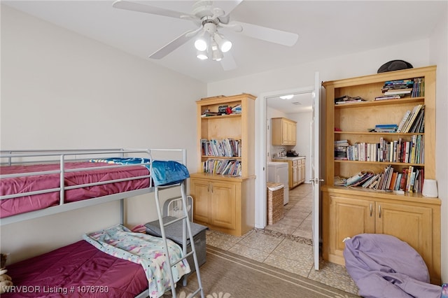 bedroom with light tile patterned floors and ceiling fan