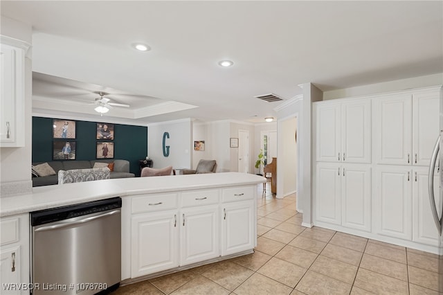 kitchen with white cabinetry, crown molding, and dishwasher