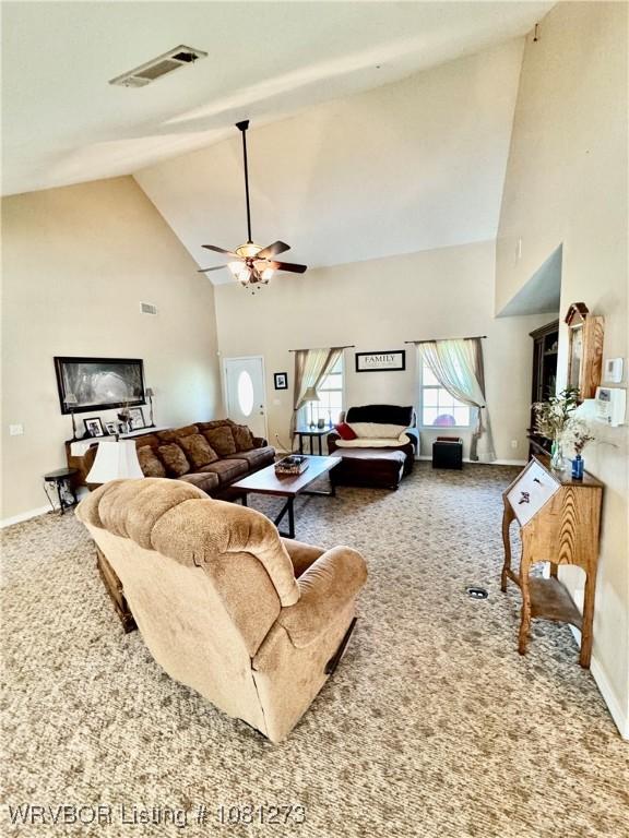 195 Polk 492, Cove, AR 71937 - carpeted living area with high vaulted ceiling, a ceiling fan, and baseboards