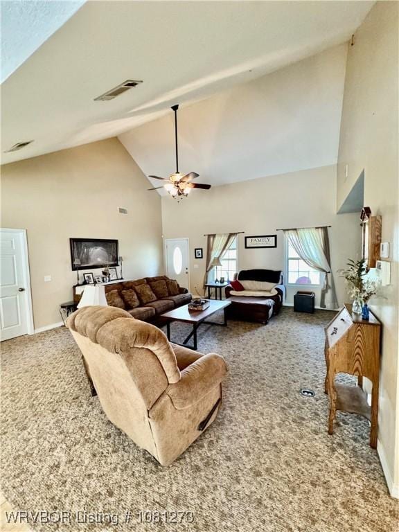 195 Polk 492, Cove, AR 71937 - carpeted living room with high vaulted ceiling, ceiling fan, and baseboards