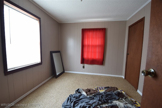 unfurnished room with ornamental molding and a textured ceiling